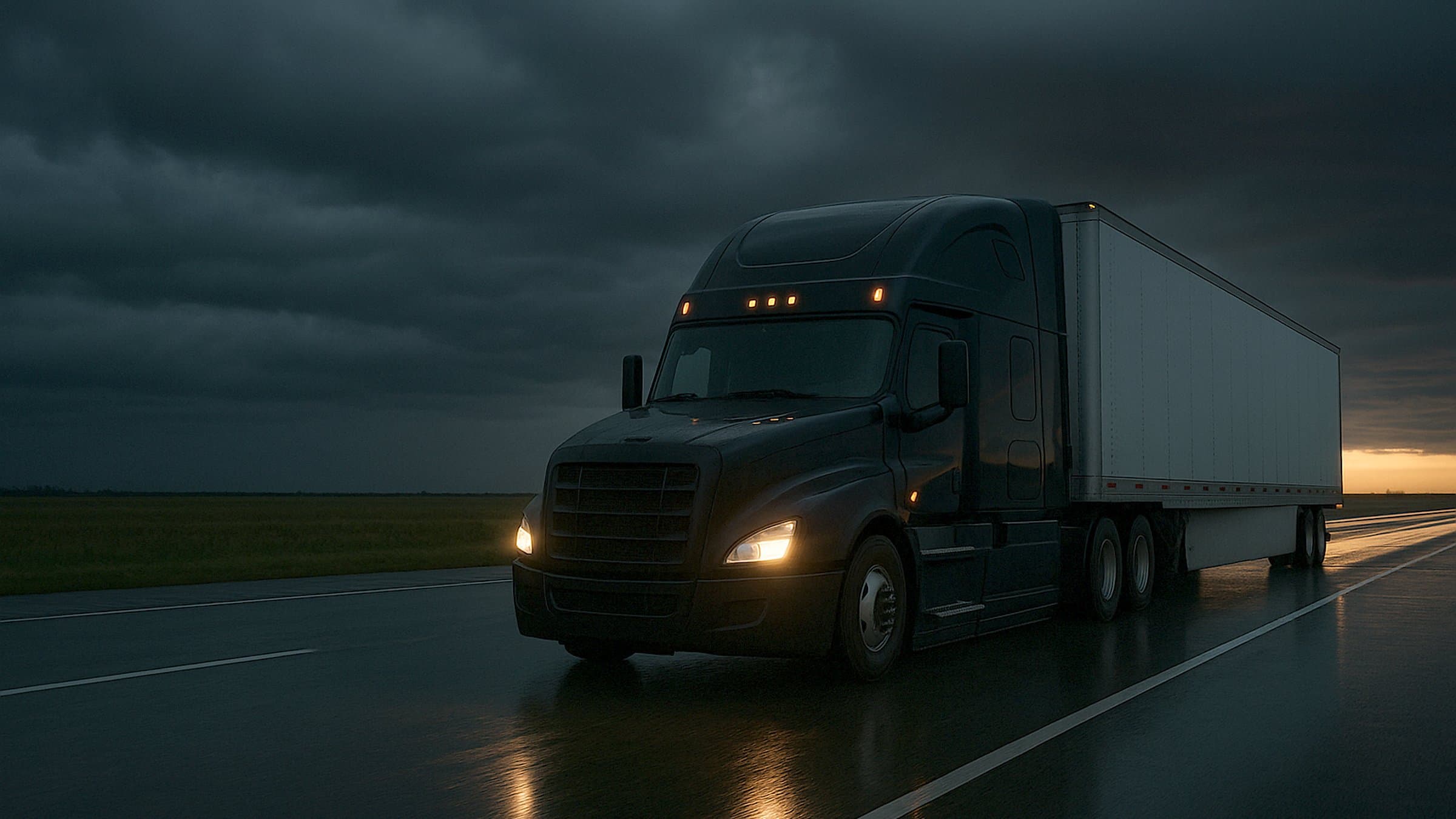 A black semi truck with its headlights on, on a wet interstate under a dark storm sky at dusk